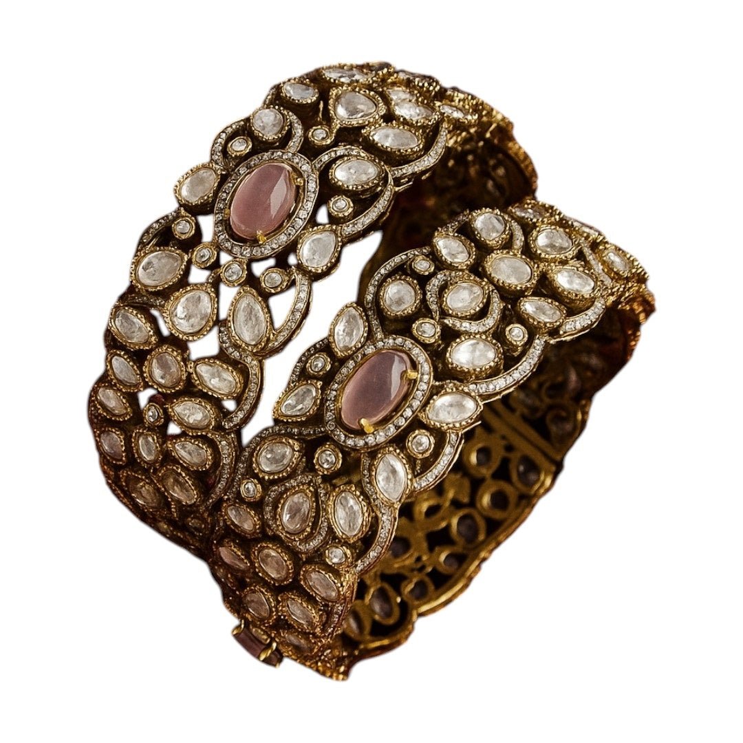 Luxury Gold - Plated Kundan Bangles with Pink Stone & White Polki Crystals - Auraa Trends - Bangles - - Auraa Trends - "Luxury gold - plated kundan bangles with pink gemstone and white polki stones – traditional bridal jewelry set"