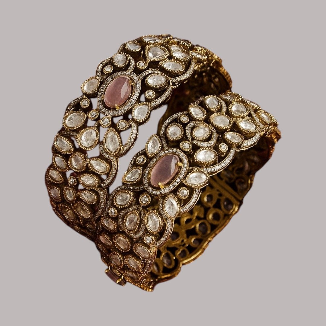 Luxury Gold - Plated Kundan Bangles with Pink Stone & White Polki Crystals - Auraa Trends - Bangles - - Auraa Trends - "Luxury gold - plated kundan bangles with pink gemstone and white polki stones – traditional bridal jewelry set"