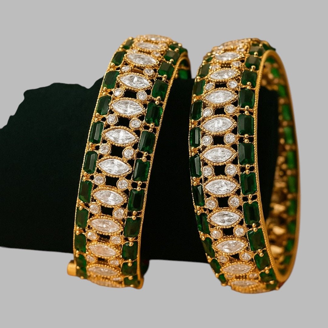 Luxury Green & White Stone Studded Gold - Plated Designer Bangles for Women - Auraa Trends - Bangles - - Auraa Trends - Luxury Green & White Stone Studded Gold - Plated Designer Bangles for Women