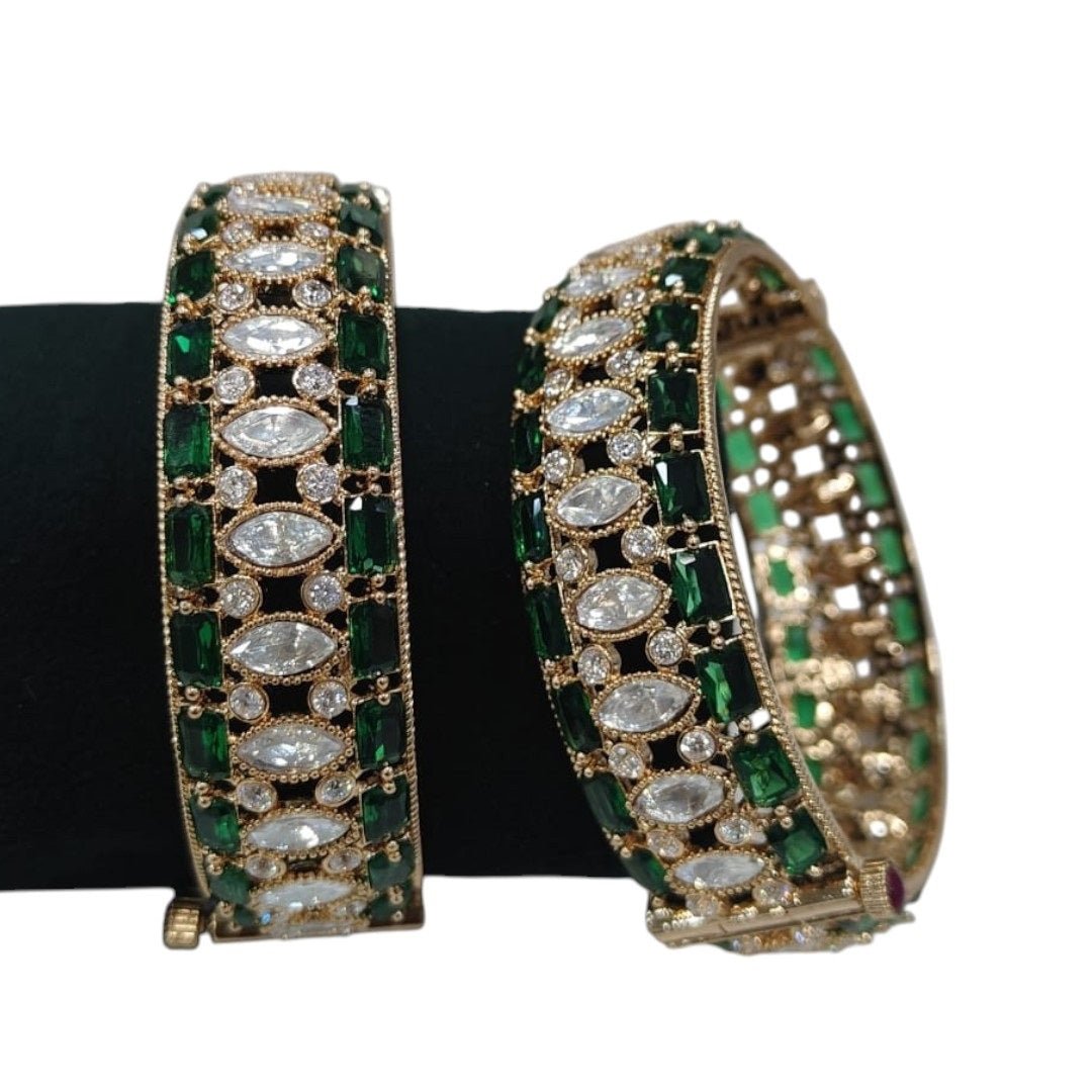 Luxury Green & White Stone Studded Gold - Plated Designer Bangles for Women - Auraa Trends - Bangles - - Auraa Trends - Luxury Green & White Stone Studded Gold - Plated Designer Bangles for Women
