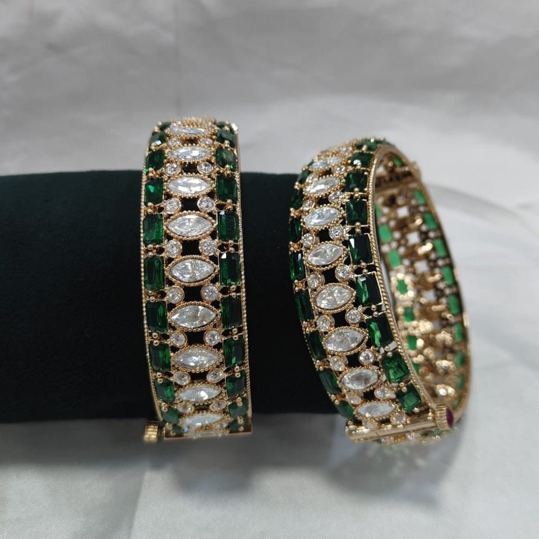 Luxury Green & White Stone Studded Gold - Plated Designer Bangles for Women - Auraa Trends - Bangles - - Auraa Trends - Luxury Green & White Stone Studded Gold - Plated Designer Bangles for Women