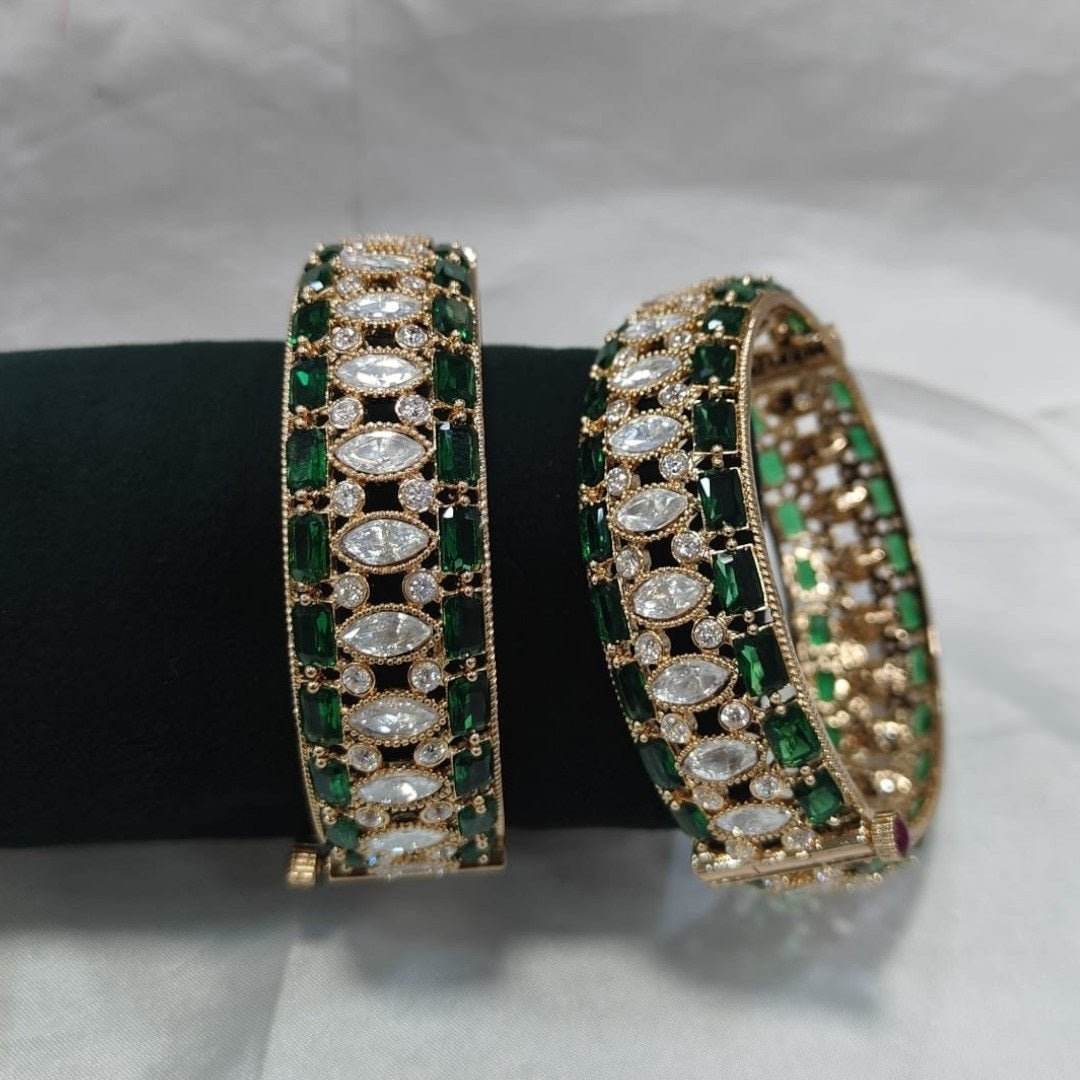 Luxury Green & White Stone Studded Gold-Plated Designer Bangles for Women - Auraa Trends