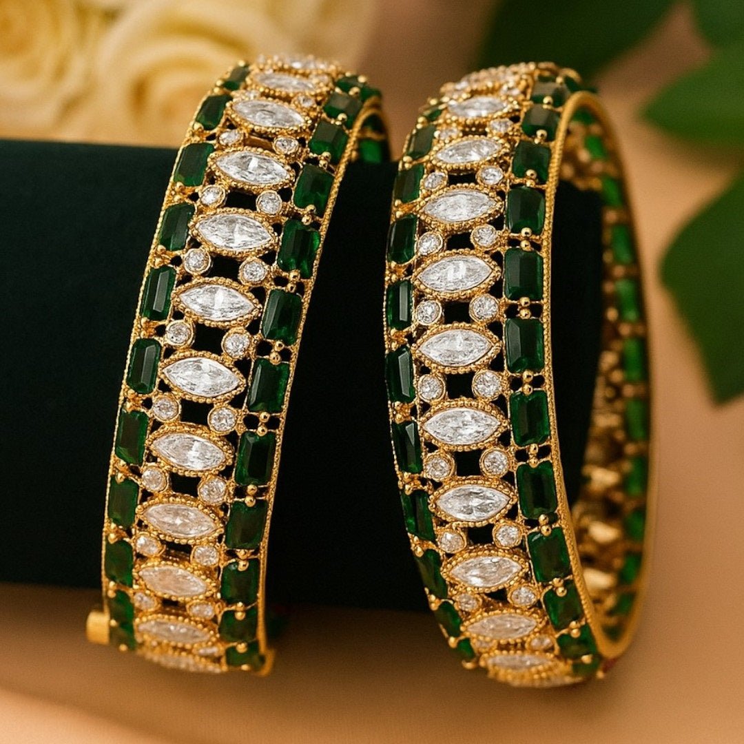 Luxury Green & White Stone Studded Gold - Plated Designer Bangles for Women - Auraa Trends - Bangles - - Auraa Trends - Luxury Green & White Stone Studded Gold - Plated Designer Bangles for Women