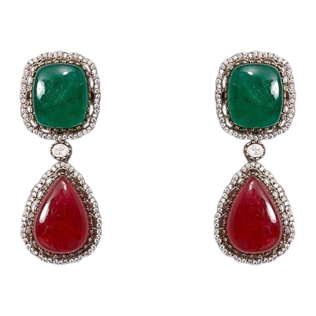 Luxury Multicolor Stone Statement Necklace Set with Earrings for Women - Auraa Trends - Necklace Set - - Auraa Trends - Woman wearing a luxury multicolor gemstone statement necklace set with bold matching earrings, styled with a traditional embroidered saree blouse.