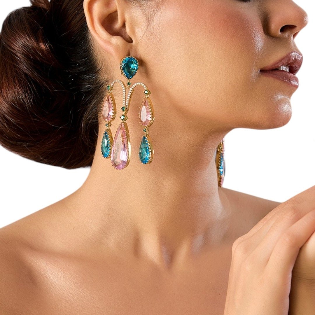 Luxury Pastel Teardrop Dangler Earrings in Blue & Pink with Gold - Tone Finish - Auraa Trends - Earrings - - Auraa Trends - "Gold - tone statement dangler earrings with multicolor teardrop stones in pastel pink and blue, accented with green crystals – chandelier - style party jewelry."