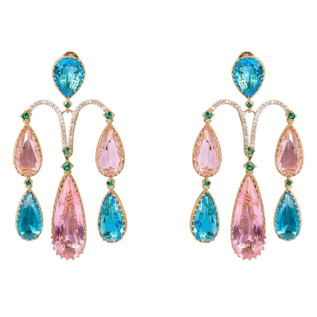 Luxury Pastel Teardrop Dangler Earrings in Blue & Pink with Gold - Tone Finish - Auraa Trends - Earrings - - Auraa Trends - "Gold - tone statement dangler earrings with multicolor teardrop stones in pastel pink and blue, accented with green crystals – chandelier - style party jewelry."