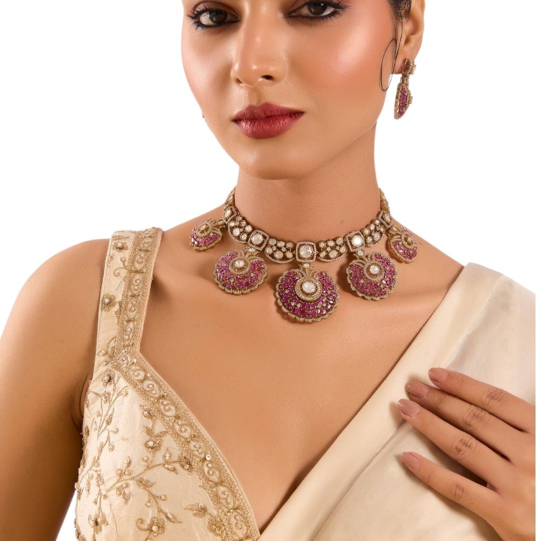 Majestic Plum Stone Kundan Bridal Necklace Set - Auraa Trends - Choker - Heavy wedding necklace set Handmade ethnic jewelry P