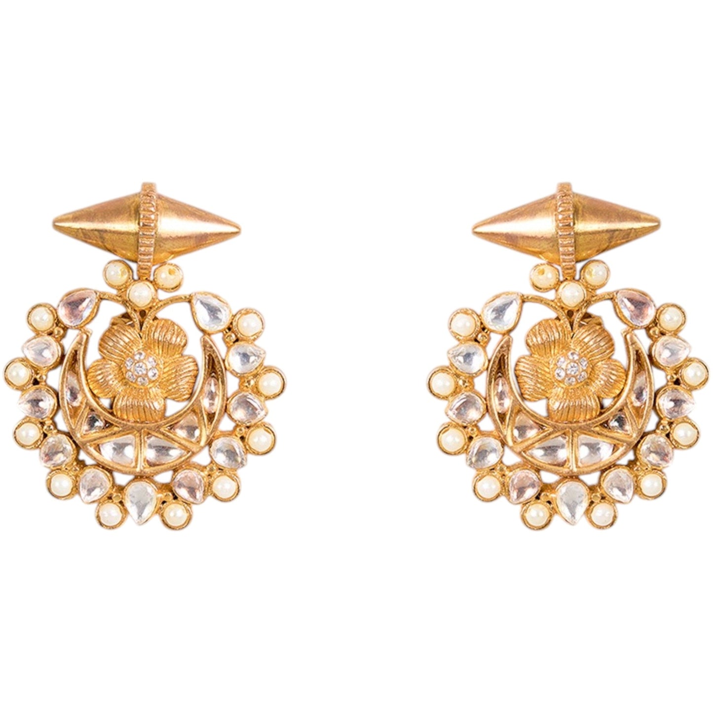 Matte Gold - Plated Kundan Stud Earrings with Floral Motif - Auraa Trends - Earrings - - Auraa Trends - "Matte gold - plated floral stud earrings with kundan - style stones and traditional detailing, ideal for ethnic and festive wear."