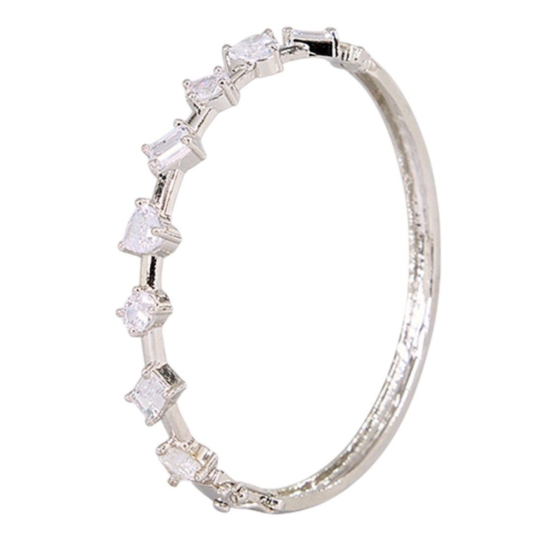 Minimalist Silver - Plated CZ Studded Bangle Bracelet for Women - Auraa Trends - Bracelet - - Auraa Trends - "Silver - plated sleek bangle bracelet featuring geometric - cut CZ stones for women"