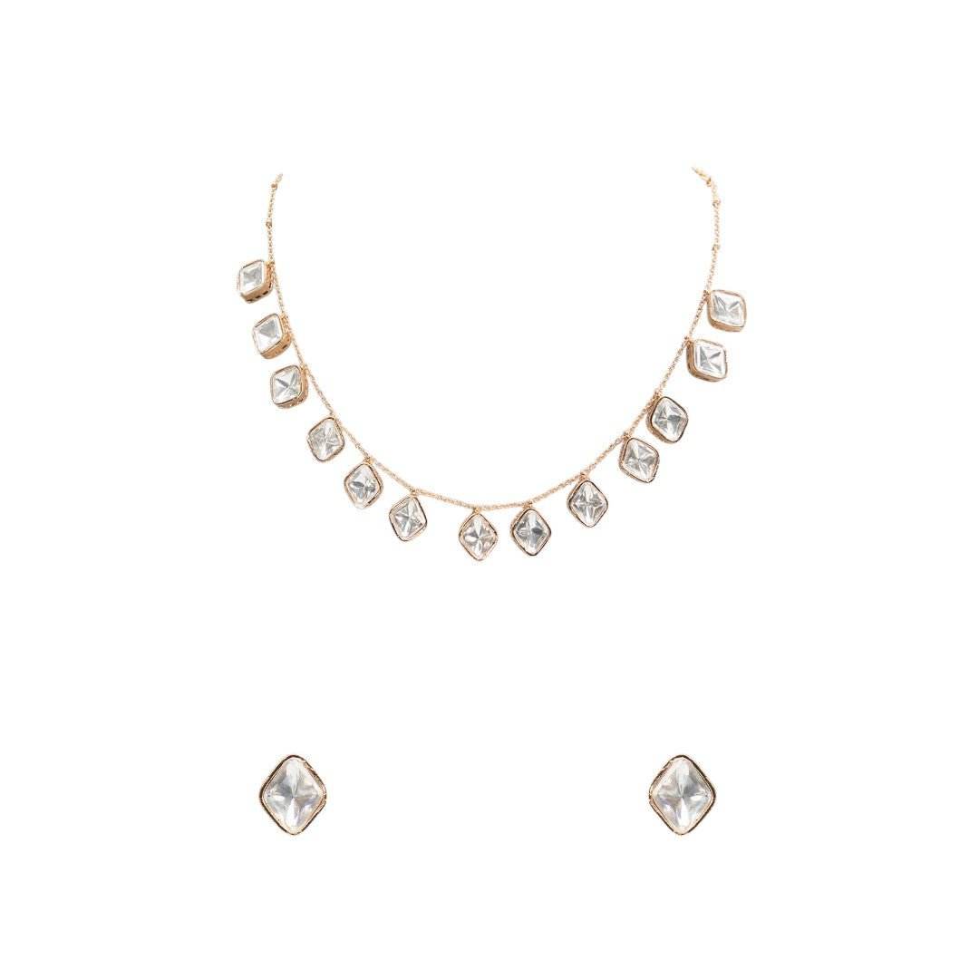 Minimalist Square Polki Necklace Set with Matching Stud Earrings - Auraa Trends