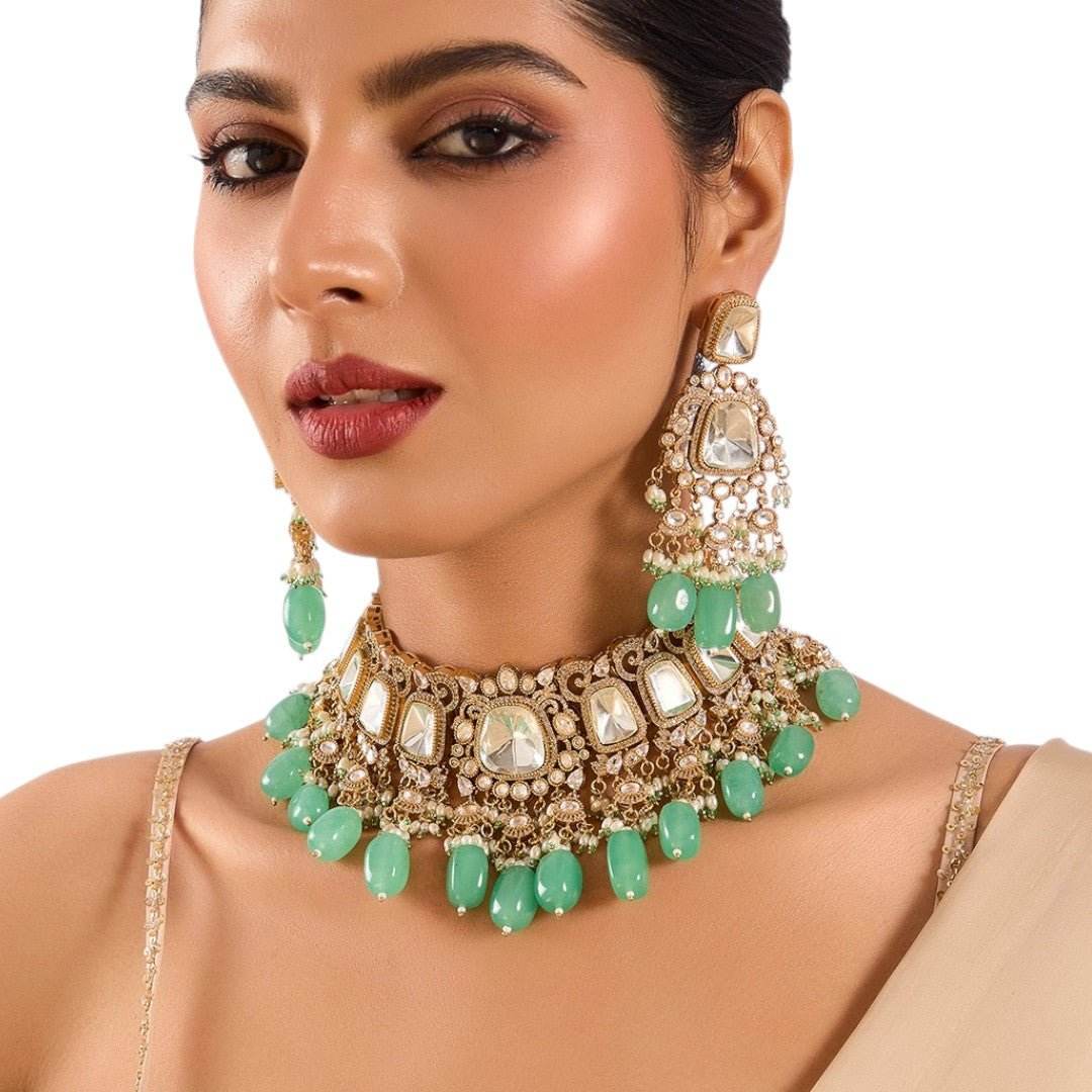 Mint Green and Mirror Kundan Choker Necklace Set - Auraa Trends
