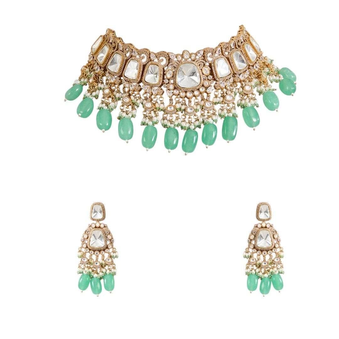 Mint Green and Mirror Kundan Choker Necklace Set - Auraa Trends