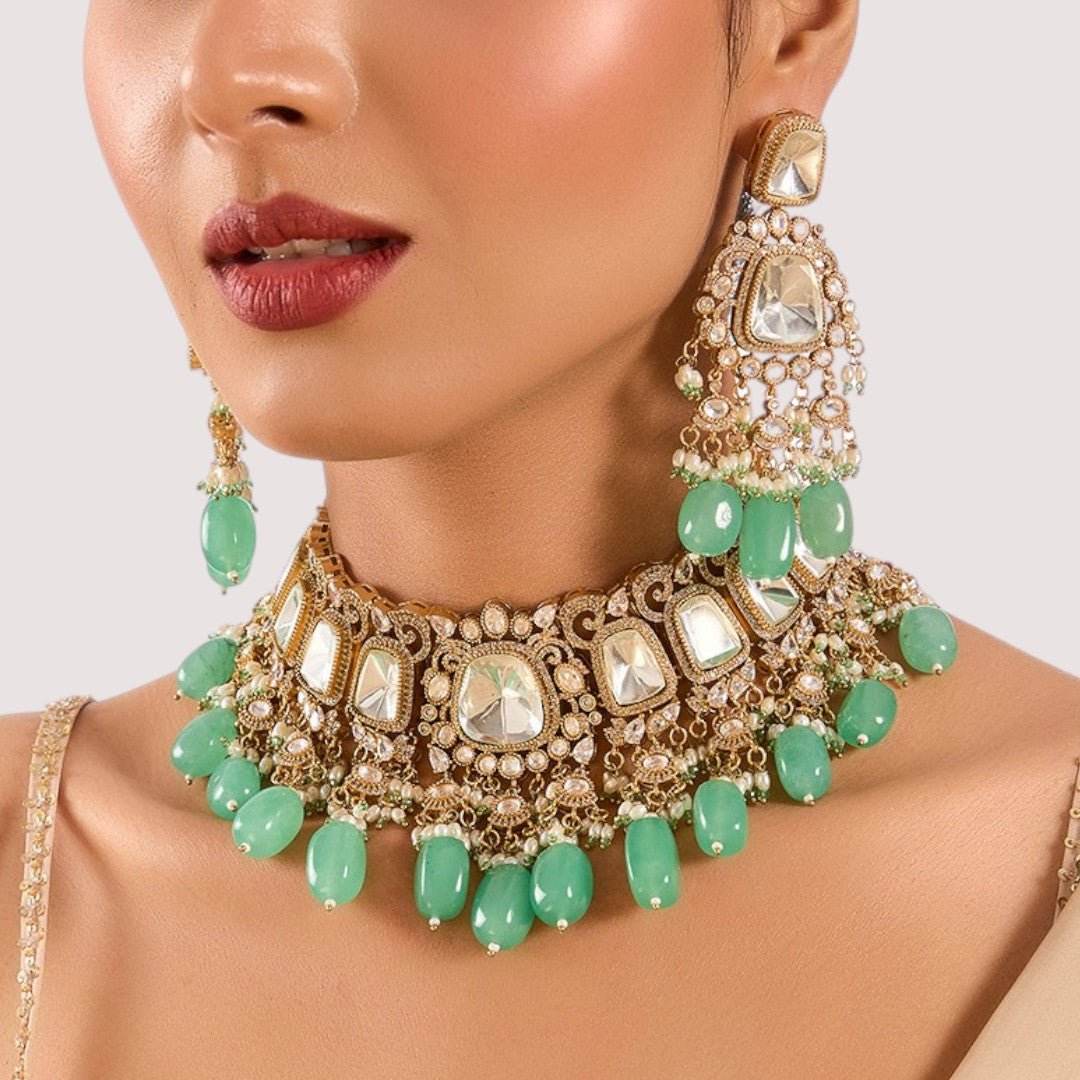 Mint Green and Mirror Kundan Choker Necklace Set - Auraa Trends