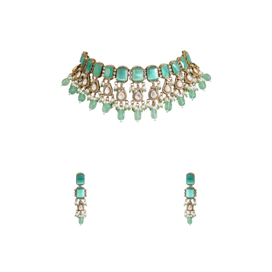 Mint Green Kundan Choker Necklace Set with Dangling Beads and Matching Earrings - Auraa Trends - Choker - mint green choker,