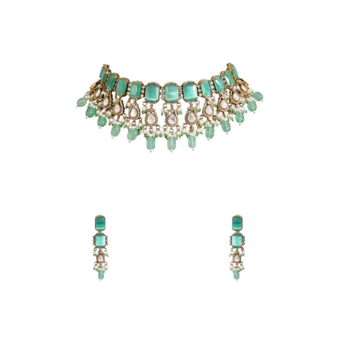 Mint Green Kundan Choker Necklace Set with Dangling Beads and Matching Earrings - Auraa Trends
