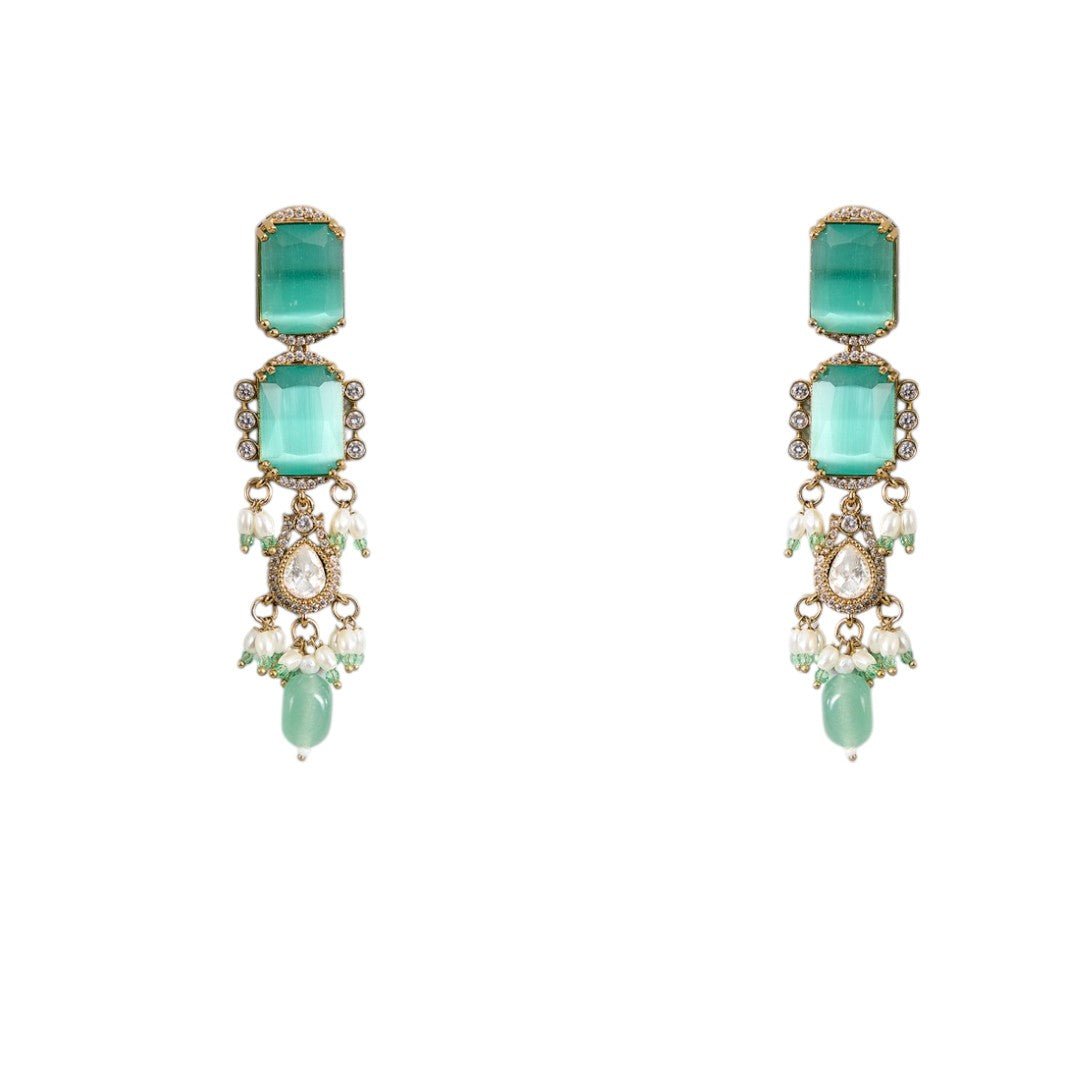 Mint Green Kundan Choker Necklace Set with Dangling Beads and Matching Earrings - Auraa Trends - Choker - mint green choker,