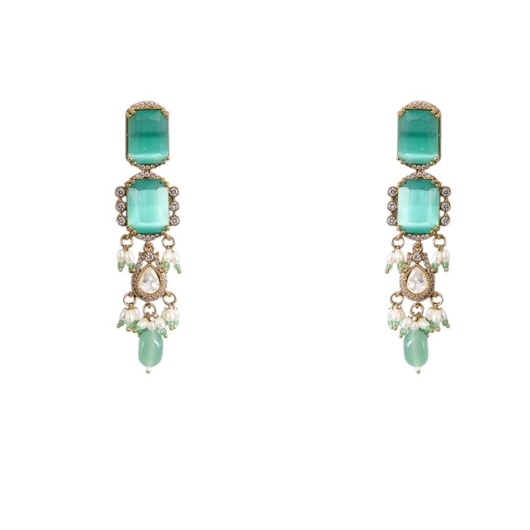 Mint Green Kundan Choker Necklace Set with Dangling Beads and Matching Earrings - Auraa Trends