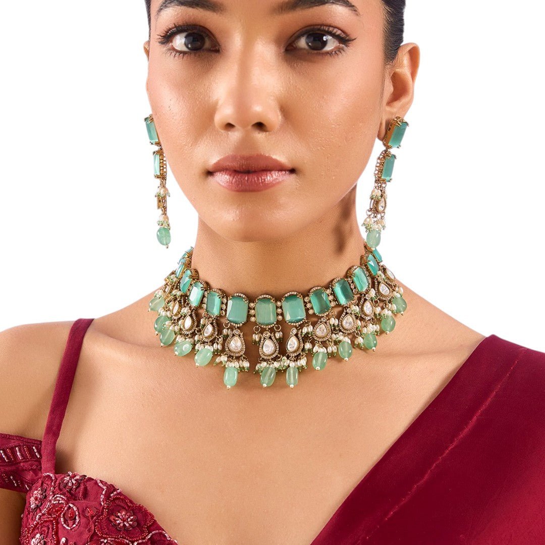 Mint Green Kundan Choker Necklace Set with Dangling Beads and Matching Earrings - Auraa Trends - Choker - mint green choker,