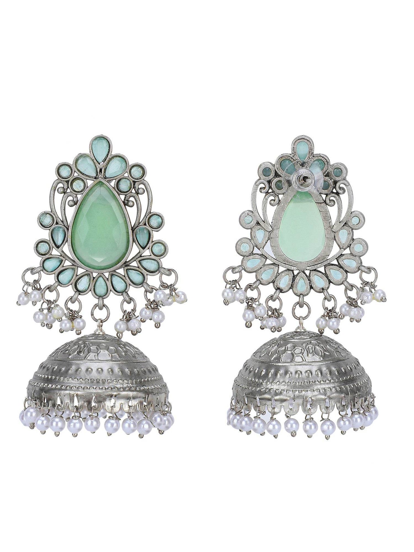 Mint Green Stone & Oxidized Silver Jhumka Earrings with Pearl Drops - Auraa Trends