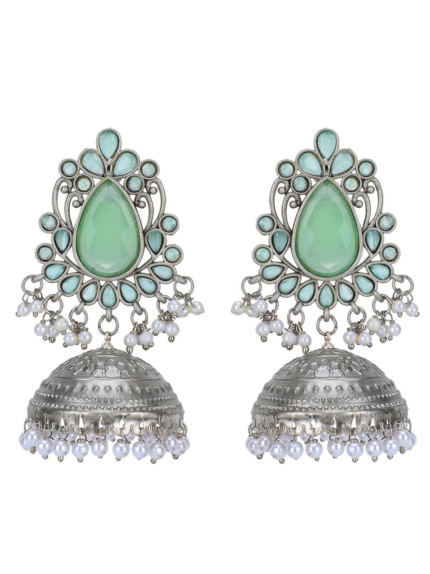 Mint Green Stone & Oxidized Silver Jhumka Earrings with Pearl Drops - Auraa Trends