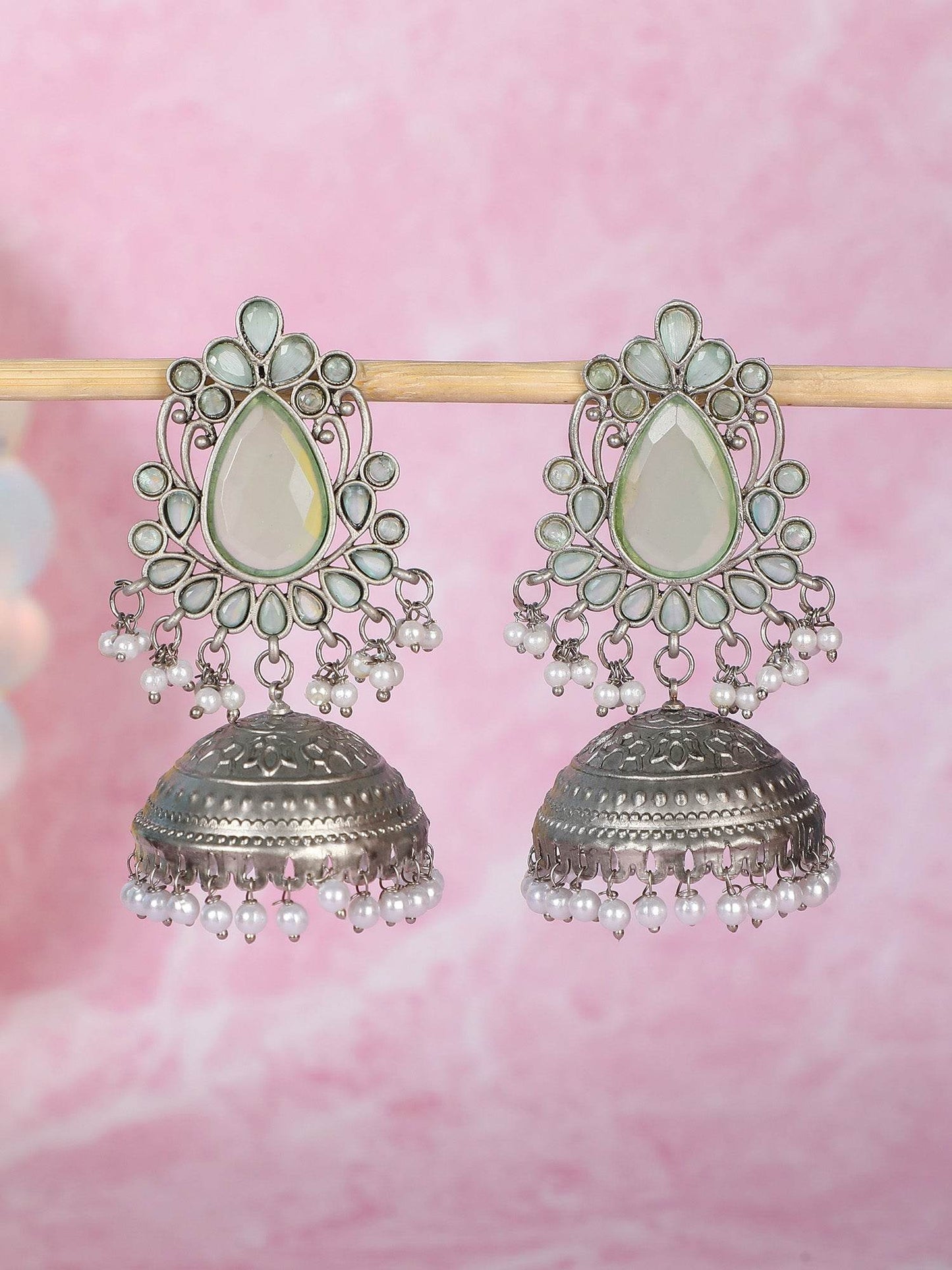 Mint Green Stone & Oxidized Silver Jhumka Earrings with Pearl Drops - Auraa Trends