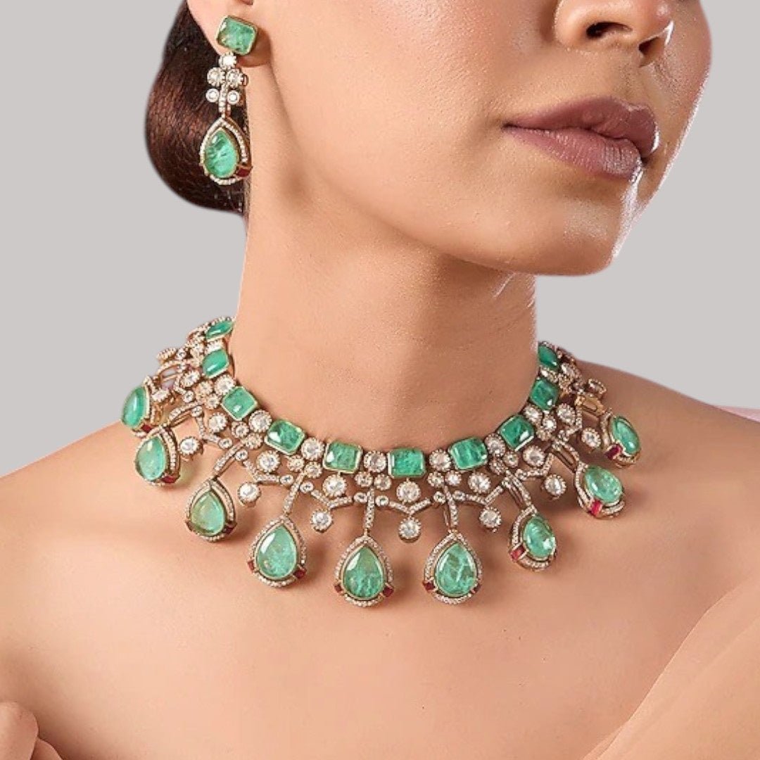 Mint Green Stone & Pearl Embellished Designer Choker Necklace Set with Drop Earrings for Women - Auraa Trends - Necklace Set - - Auraa Trends - "Gold - plated mint green choker necklace set with pearl detailing and drop earrings – traditional Indian bridal jewelry for women"