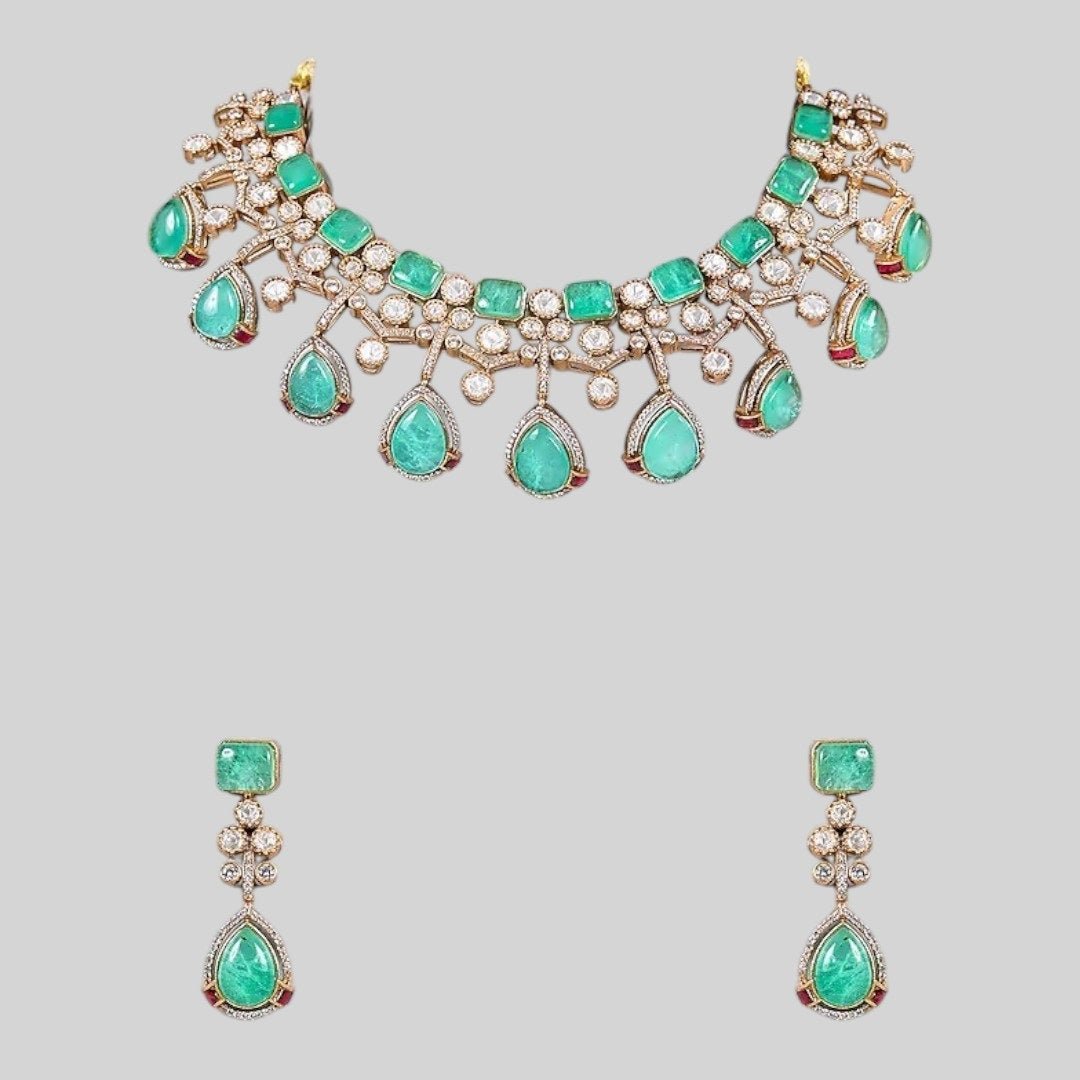 Mint Green Stone & Pearl Embellished Designer Choker Necklace Set with Drop Earrings for Women - Auraa Trends - Necklace Set - - Auraa Trends - "Gold - plated mint green choker necklace set with pearl detailing and drop earrings – traditional Indian bridal jewelry for women"