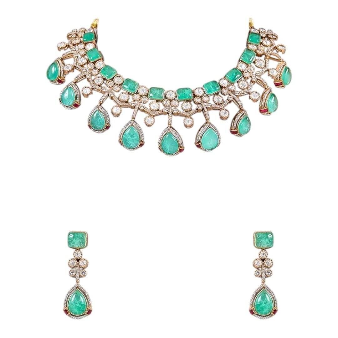 Mint Green Stone & Pearl Embellished Designer Choker Necklace Set with Drop Earrings for Women - Auraa Trends