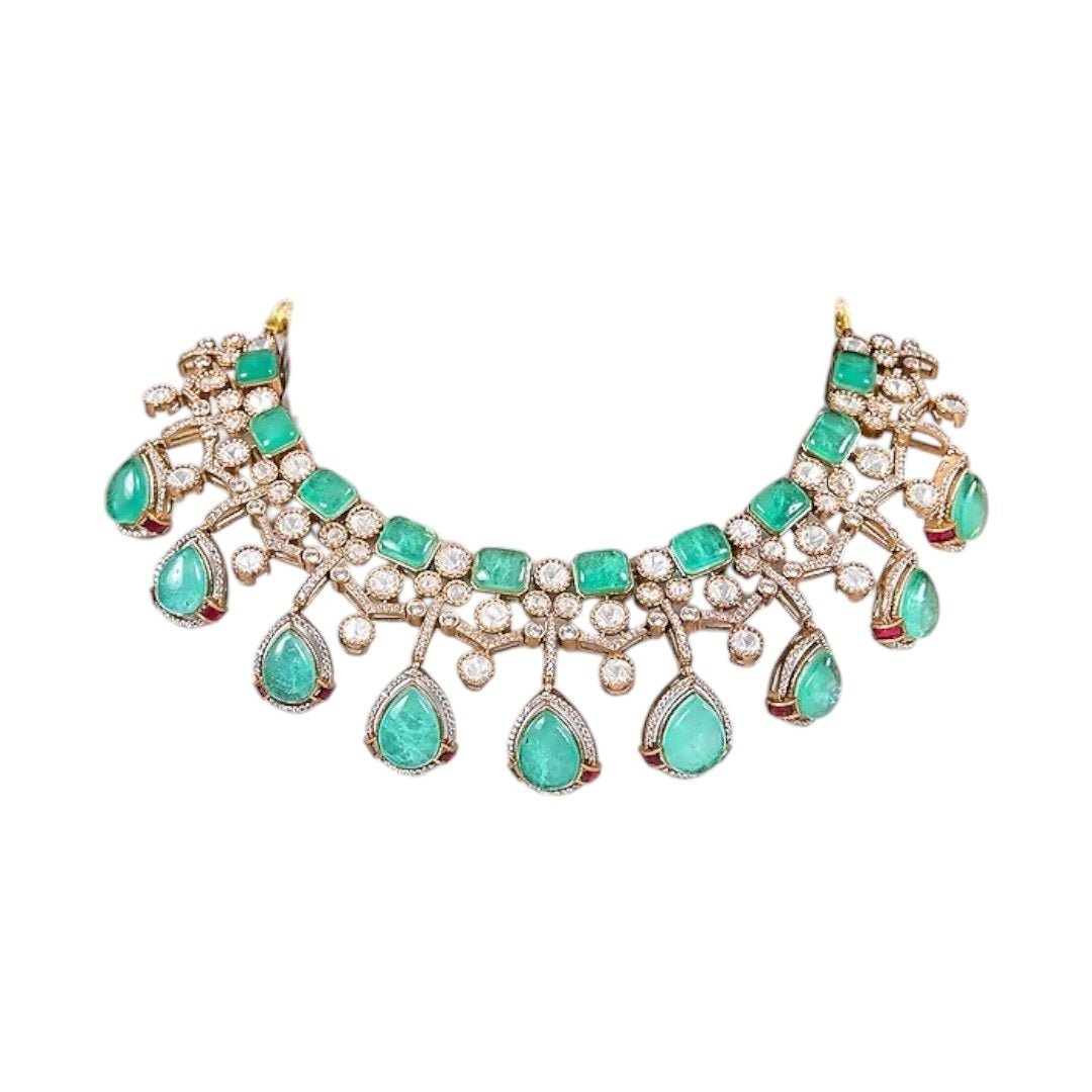 Mint Green Stone & Pearl Embellished Designer Choker Necklace Set with Drop Earrings for Women - Auraa Trends - Necklace Set - - Auraa Trends - "Gold - plated mint green choker necklace set with pearl detailing and drop earrings – traditional Indian bridal jewelry for women"