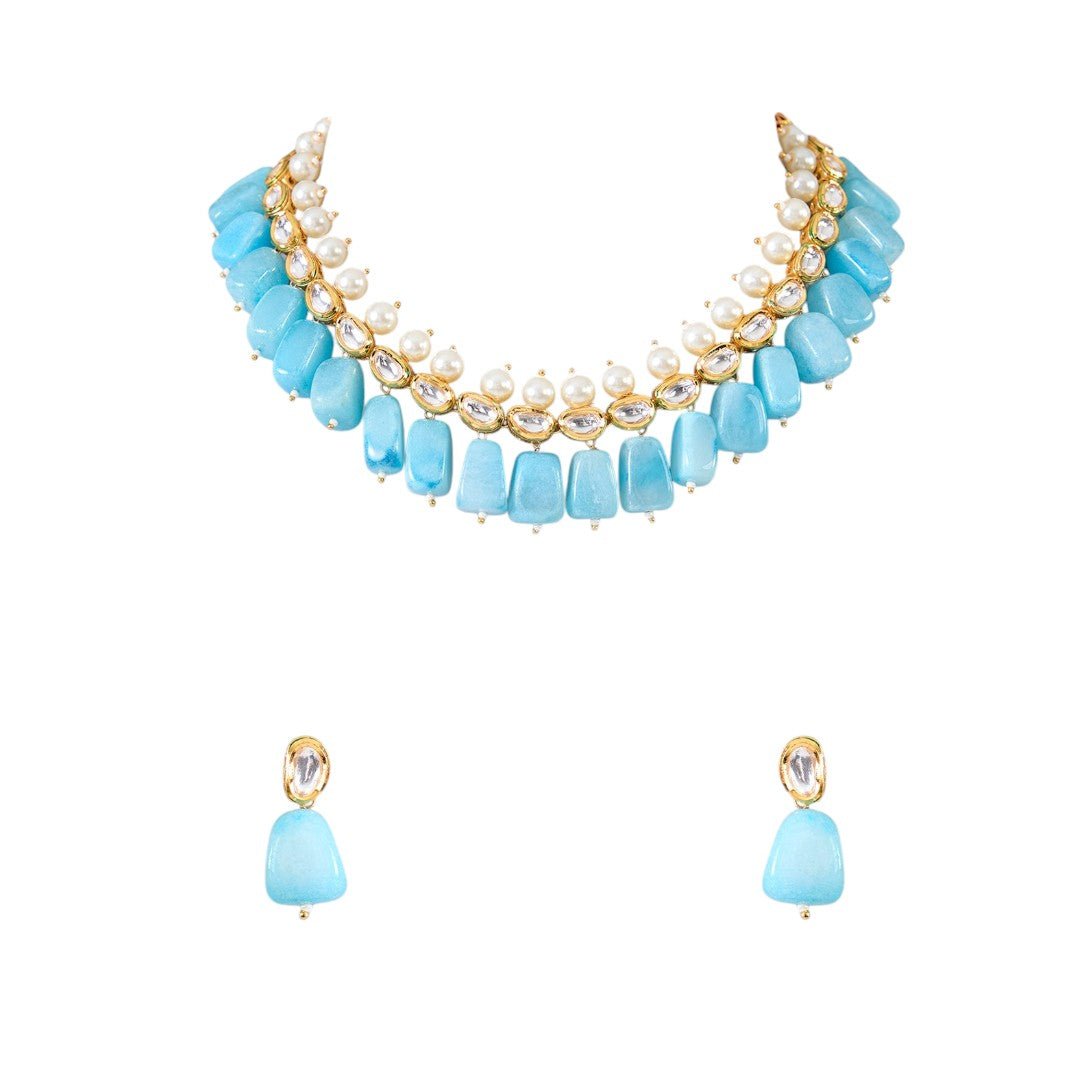Modern Blue Stone and Pearl Layered Necklace Set with Matching Drop Earrings - Auraa Trends - necklace Layered Necklace Set