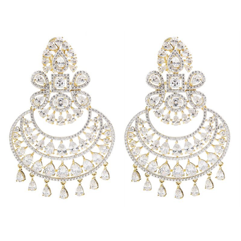 Moissanite Chandbaali Earrings Set - Auraa Trends - Chandbali - Trends - Buy Crowned Diamonte Chaandlier Earrings Silver