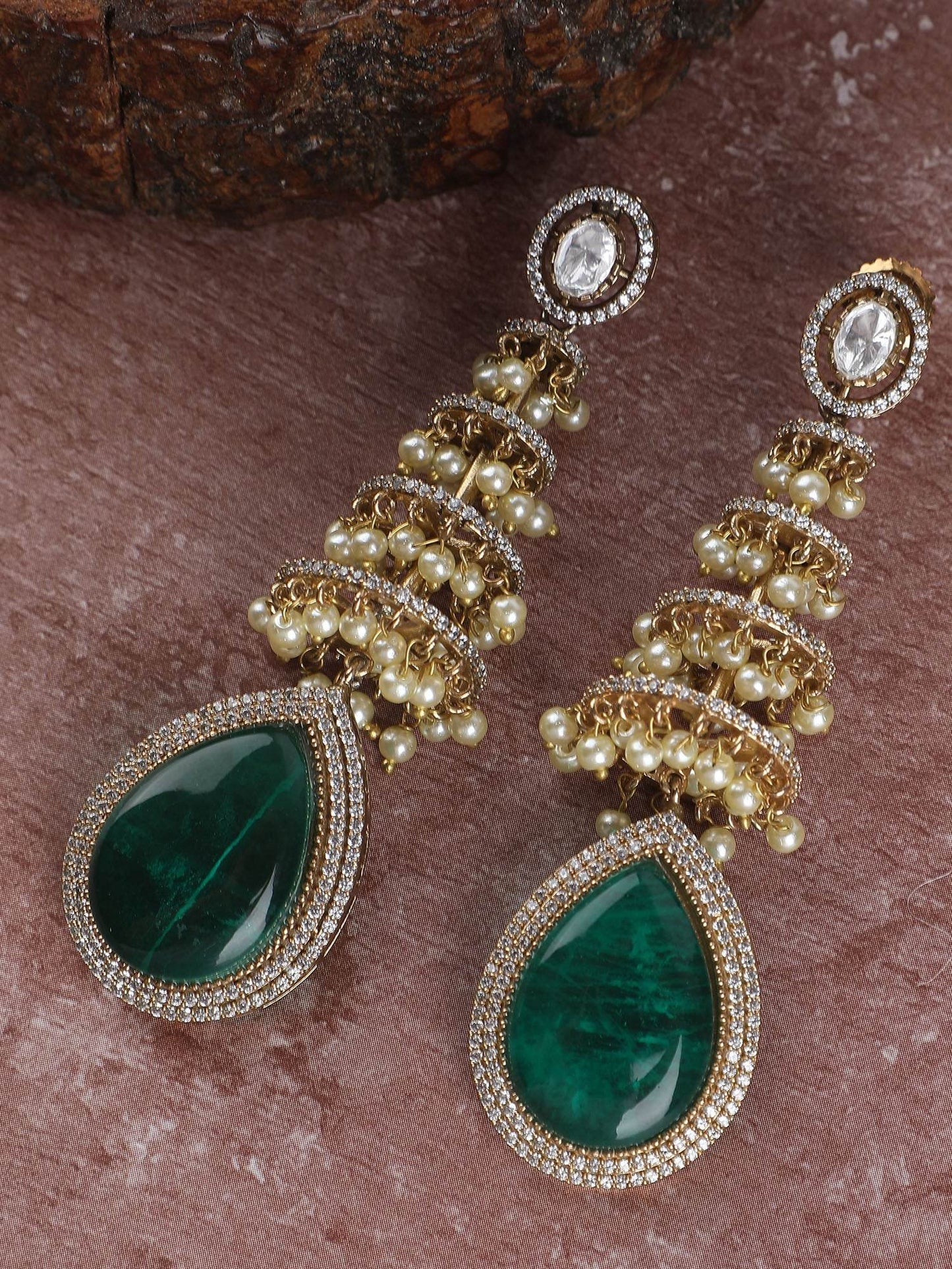 Moissanite Dangle Earrings with Gold and Pearl Detailing - Auraa Trends