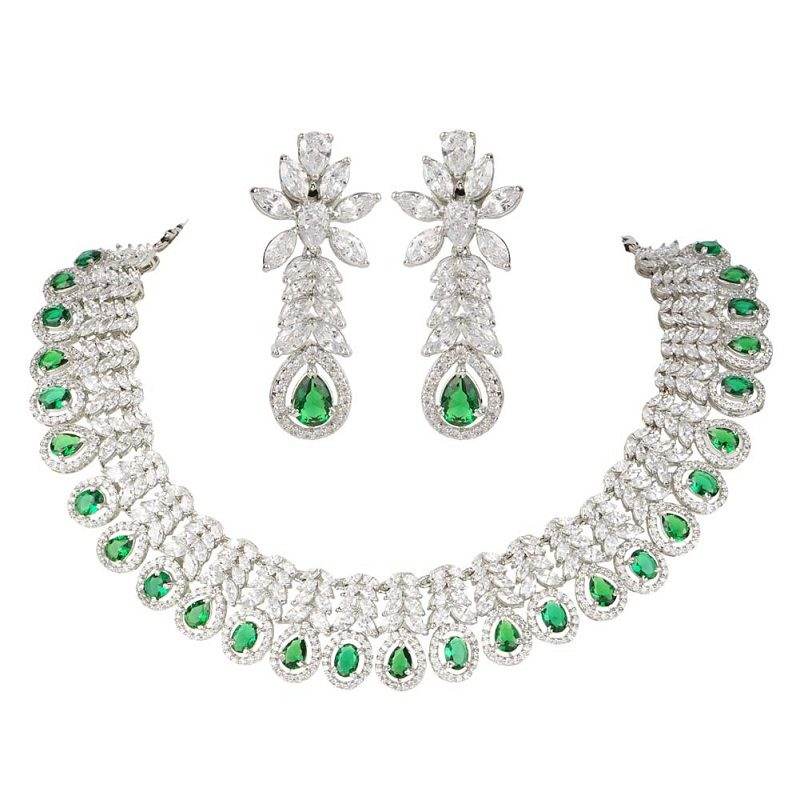 Moissanite & Diamonte Necklace Set with Green Emerald Accents - Auraa Trends