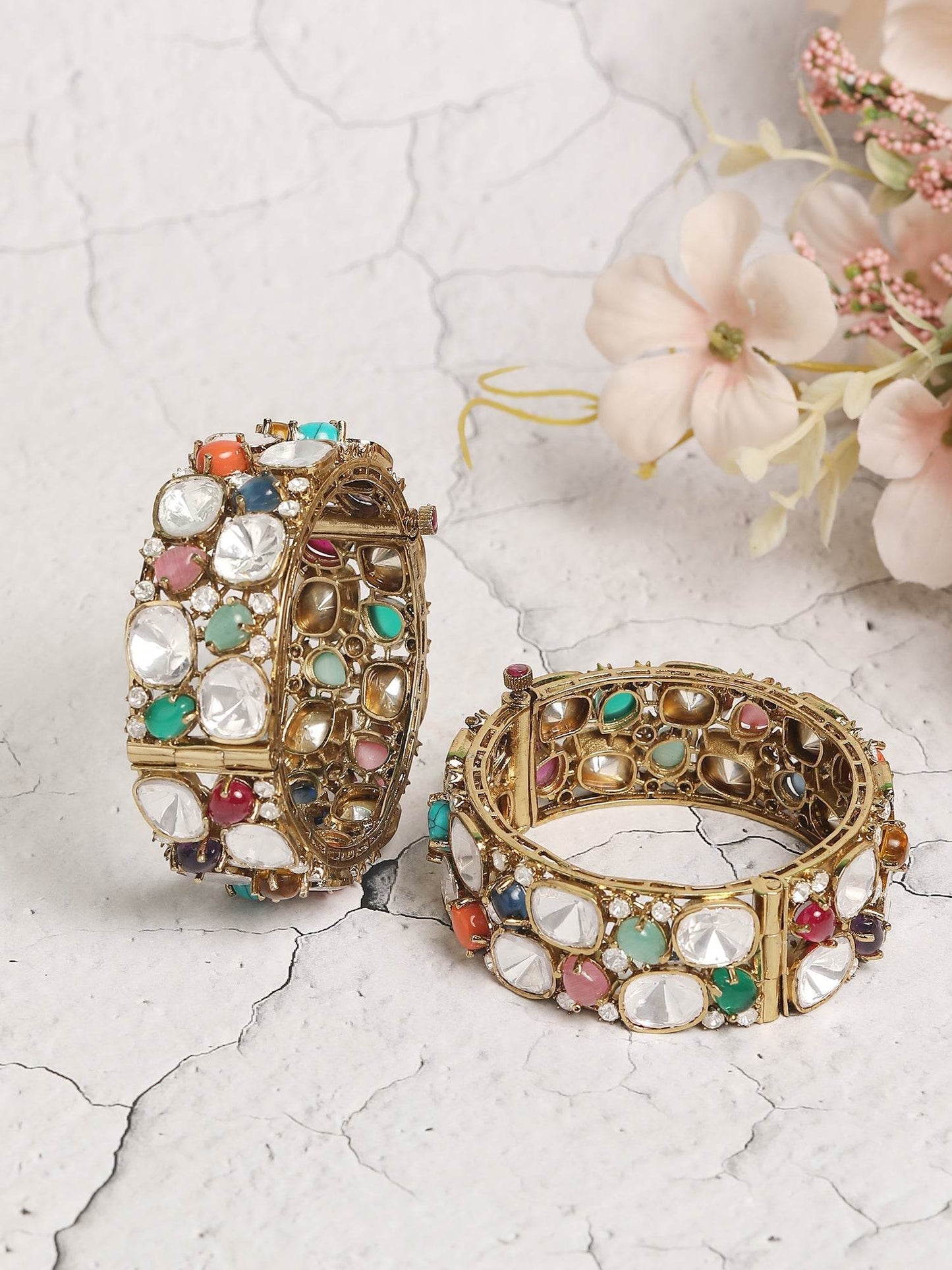Multi Colour Stone Antique Gold Plated Bangle - Auraa Trends