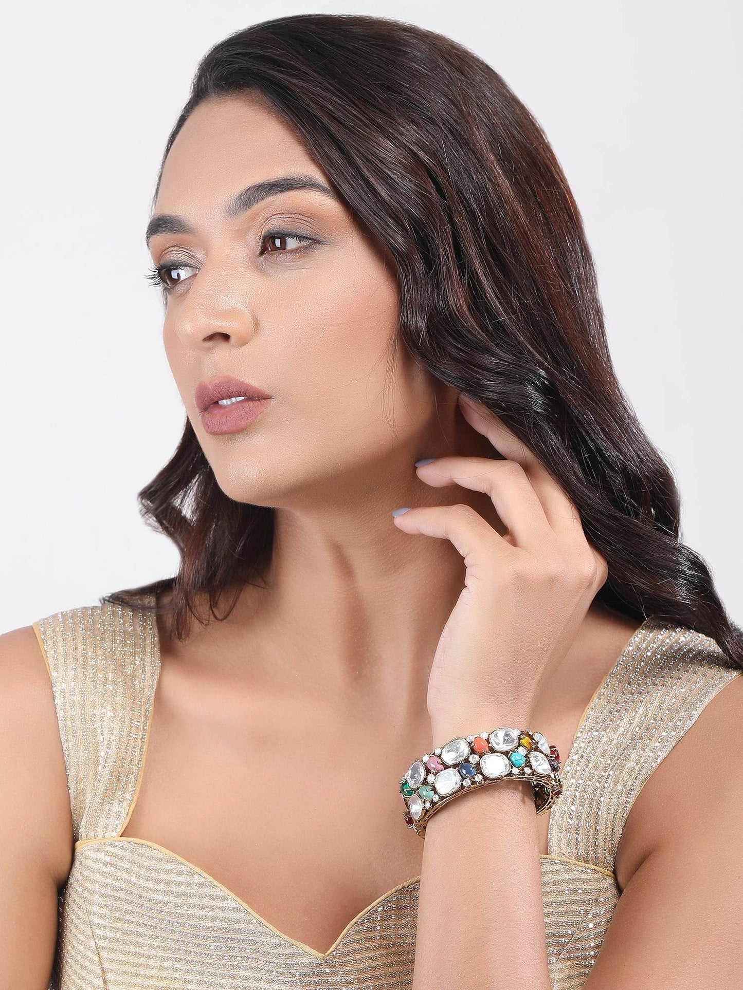 Multi Colour Stone Antique Gold Plated Bangle - Auraa Trends