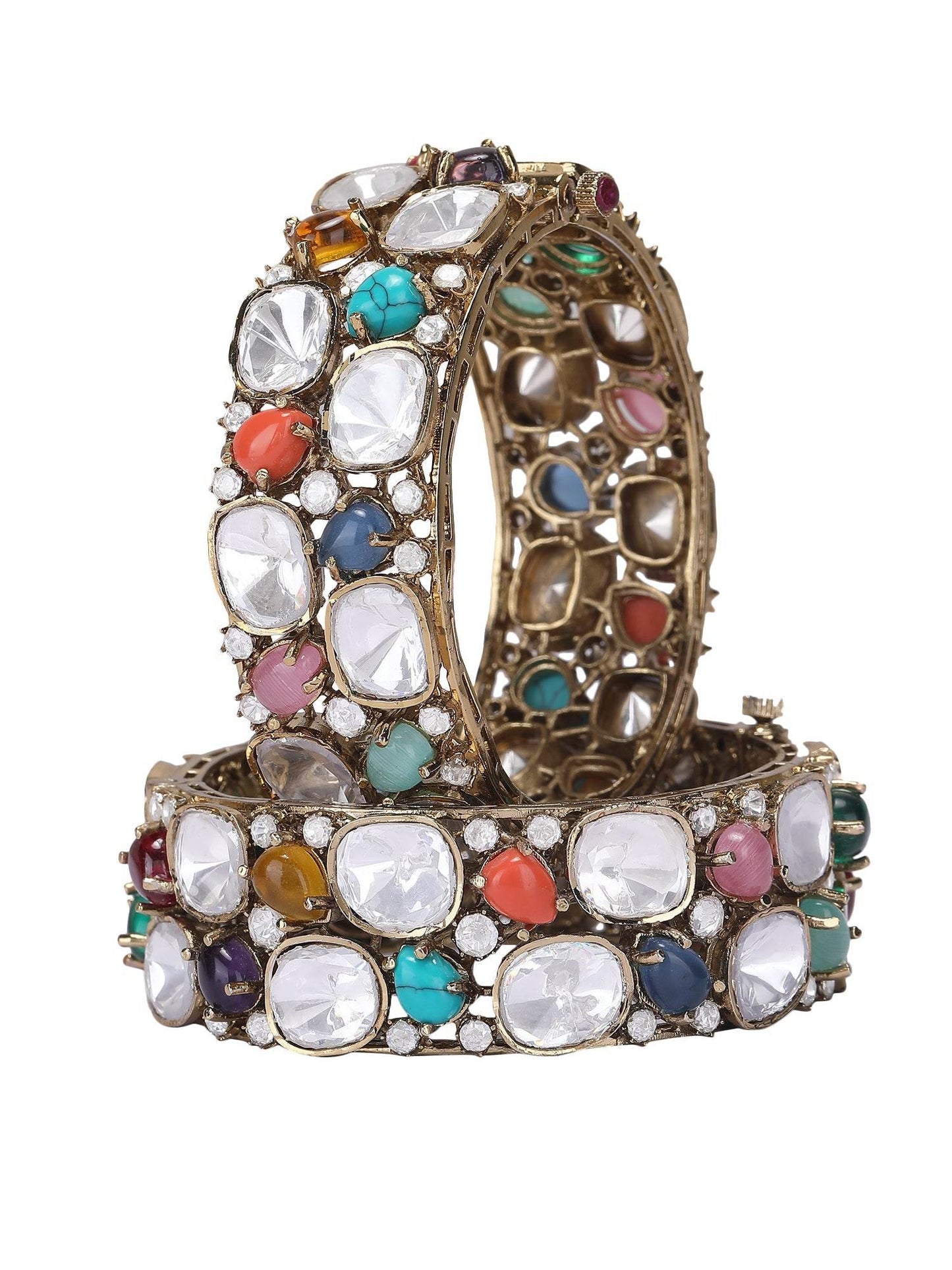 Multi Colour Stone Antique Gold Plated Bangle - Auraa Trends