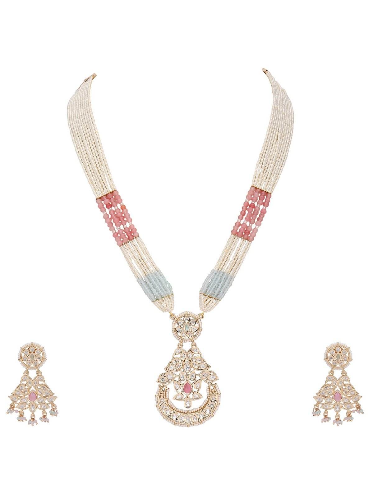 Multi-Strand Beaded Necklace with Antique Pendant & Matching Earrings - Auraa Trends