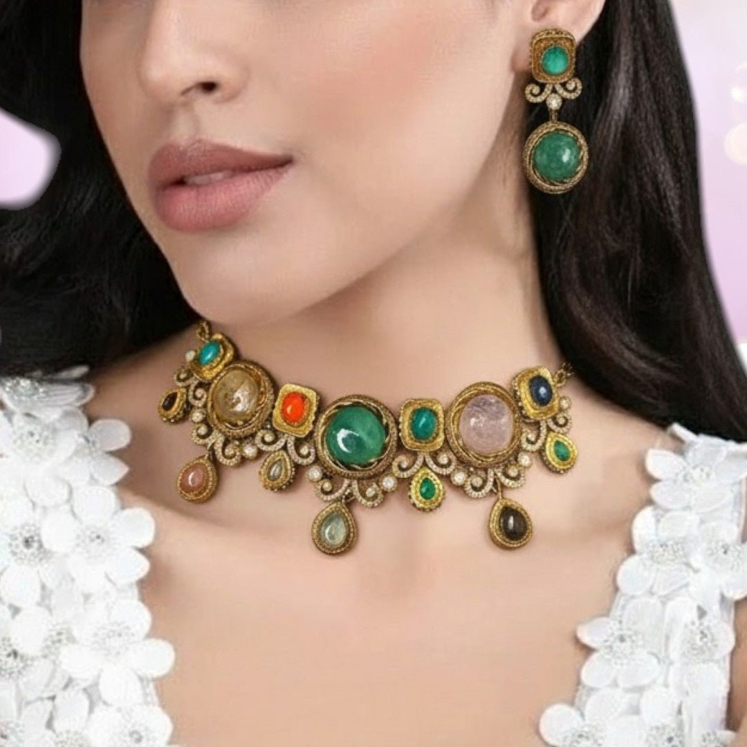 Multicolor Gemstone Statement Necklace Set with Earrings - Auraa Trends - Necklace Set - - Auraa Trends - Multicolor Gemstone Statement Necklace Set with Earrings