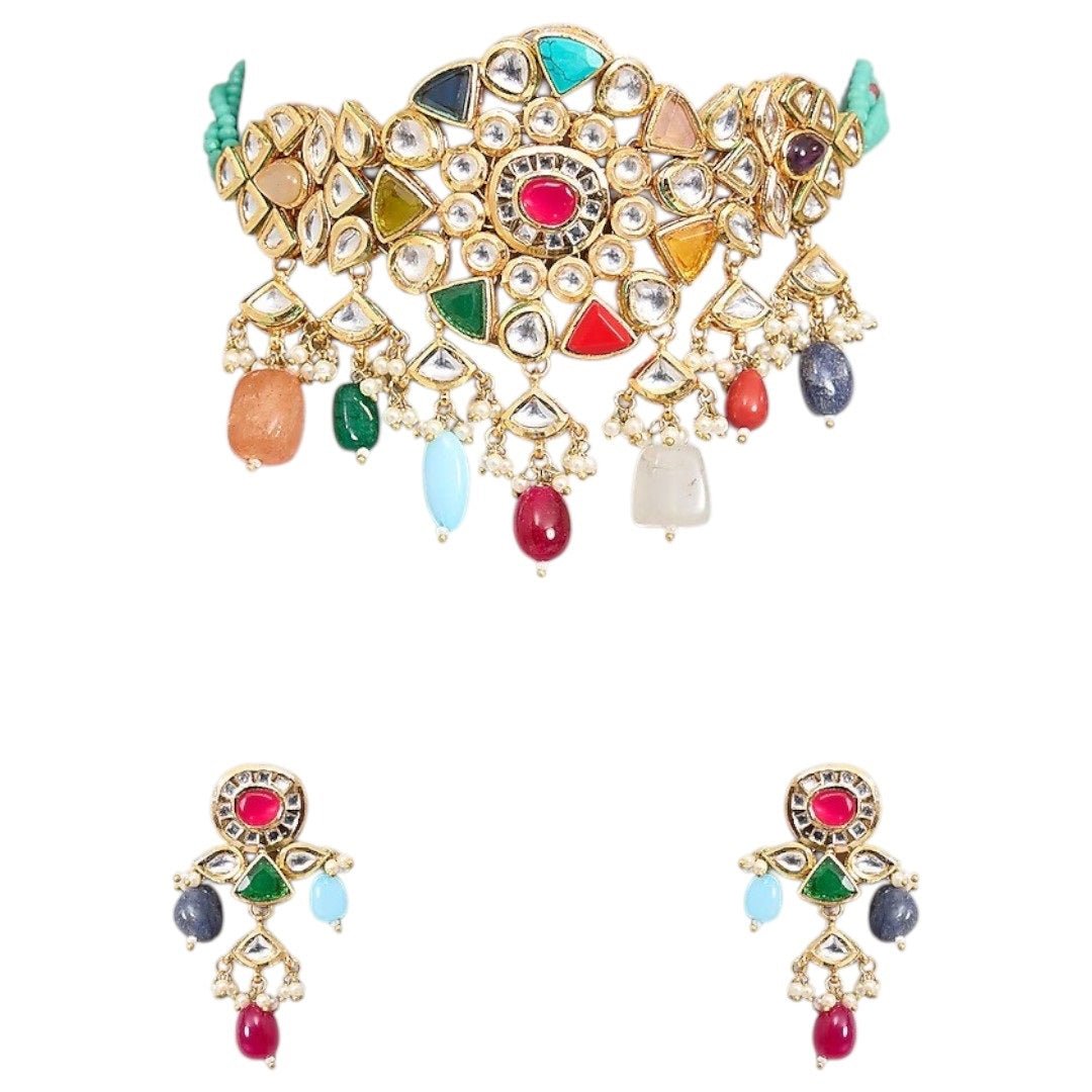Multicolor Kundan Choker Necklace Set with Beaded Drops & Earrings - Auraa Trends - Necklace Set - - Auraa Trends - Multicolor Kundan Choker Necklace Set with Beaded Drops & Earrings