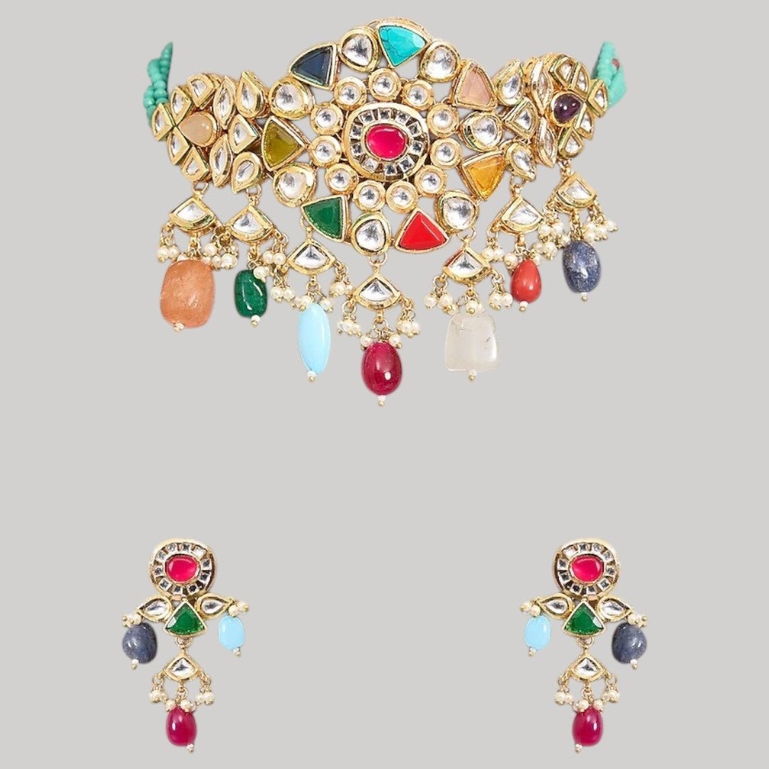 Multicolor Kundan Choker Necklace Set with Beaded Drops & Earrings - Auraa Trends - Necklace Set - - Auraa Trends - Multicolor Kundan Choker Necklace Set with Beaded Drops & Earrings