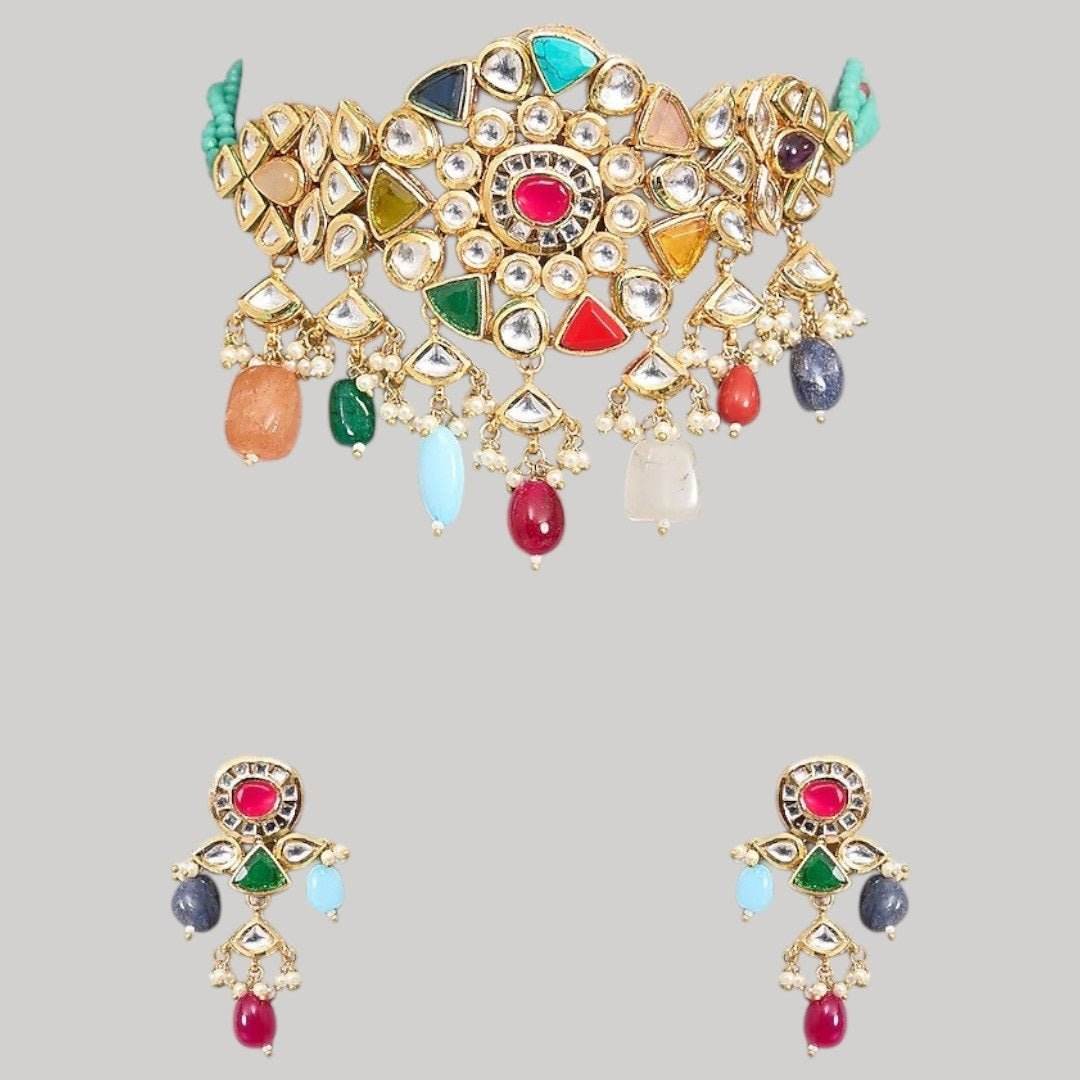 Multicolor Kundan Choker Necklace Set with Beaded Drops & Earrings - Auraa Trends