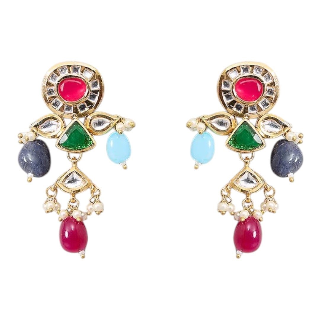 Multicolor Kundan Choker Necklace Set with Beaded Drops & Earrings - Auraa Trends - Necklace Set - - Auraa Trends - Multicolor Kundan Choker Necklace Set with Beaded Drops & Earrings
