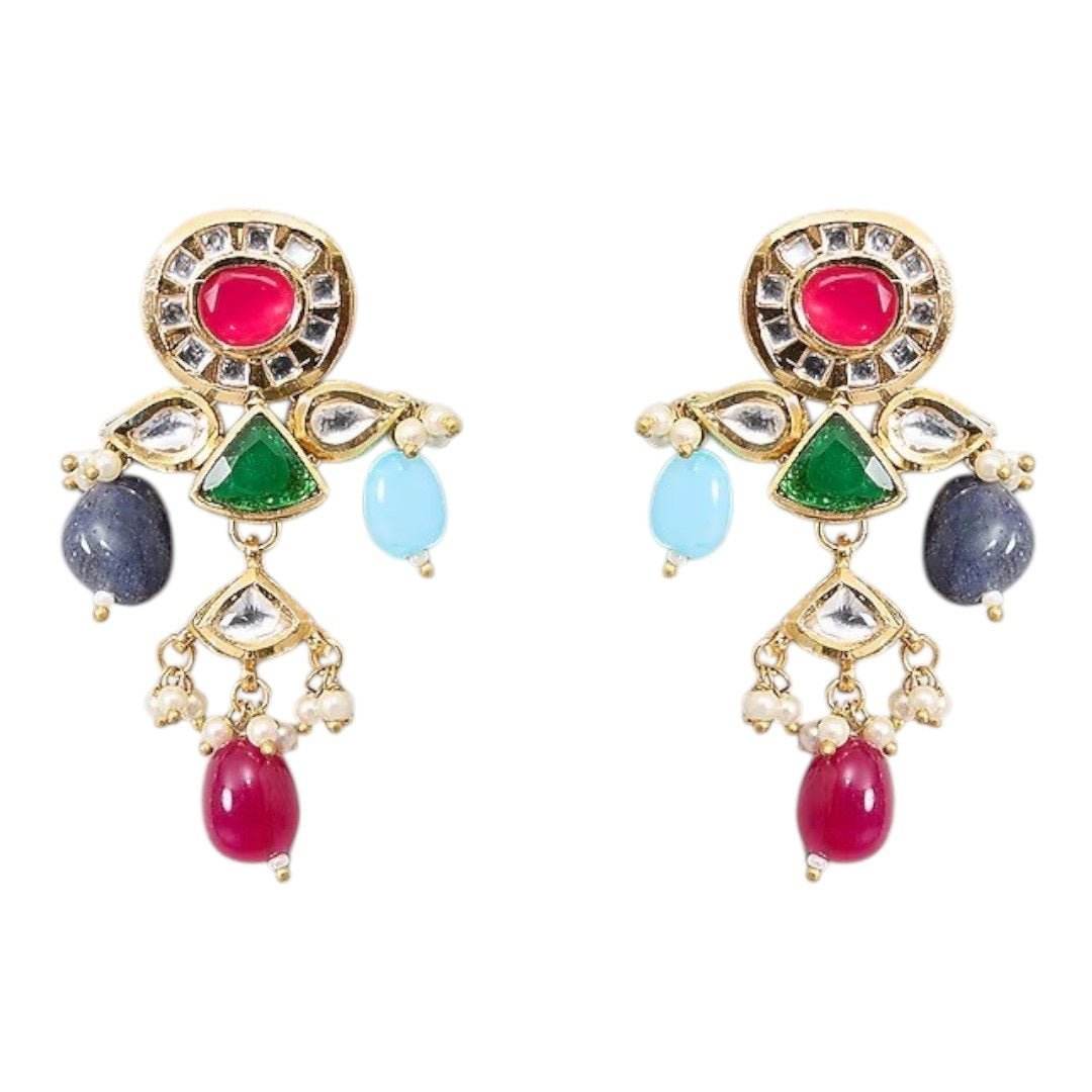 Multicolor Kundan Choker Necklace Set with Beaded Drops & Earrings - Auraa Trends