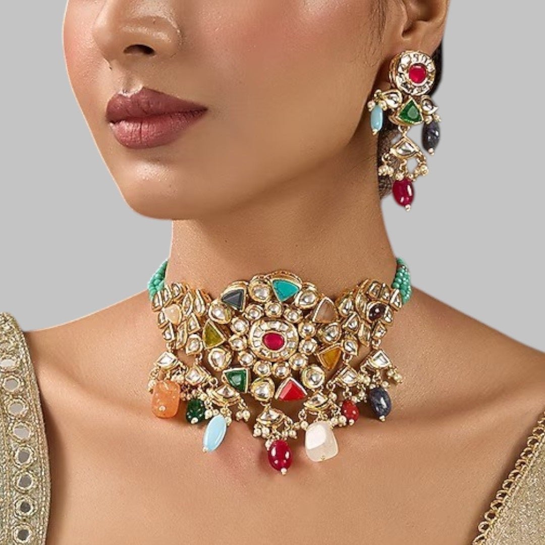 Multicolor Kundan Choker Necklace Set with Beaded Drops & Earrings - Auraa Trends - Necklace Set - - Auraa Trends - Multicolor Kundan Choker Necklace Set with Beaded Drops & Earrings