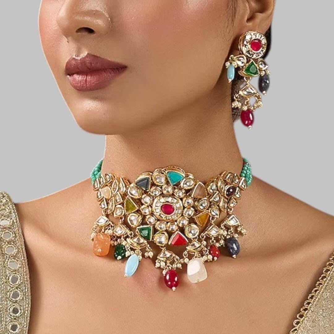 Multicolor Kundan Choker Necklace Set with Beaded Drops & Earrings - Auraa Trends