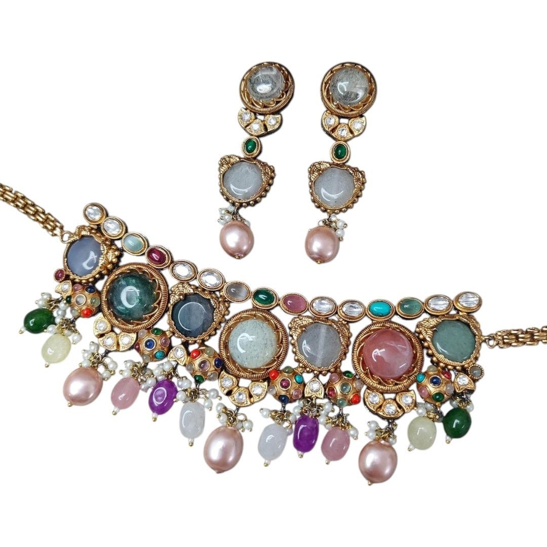Multicolor Kundan Choker Necklace Set with Earrings - Auraa Trends - Necklace Set - - Auraa Trends - "Traditional multicolor choker necklace set with matching earrings featuring pearl drops, kundan stones, and gemstone cabochons – bridal and festive ethnic jewelry."