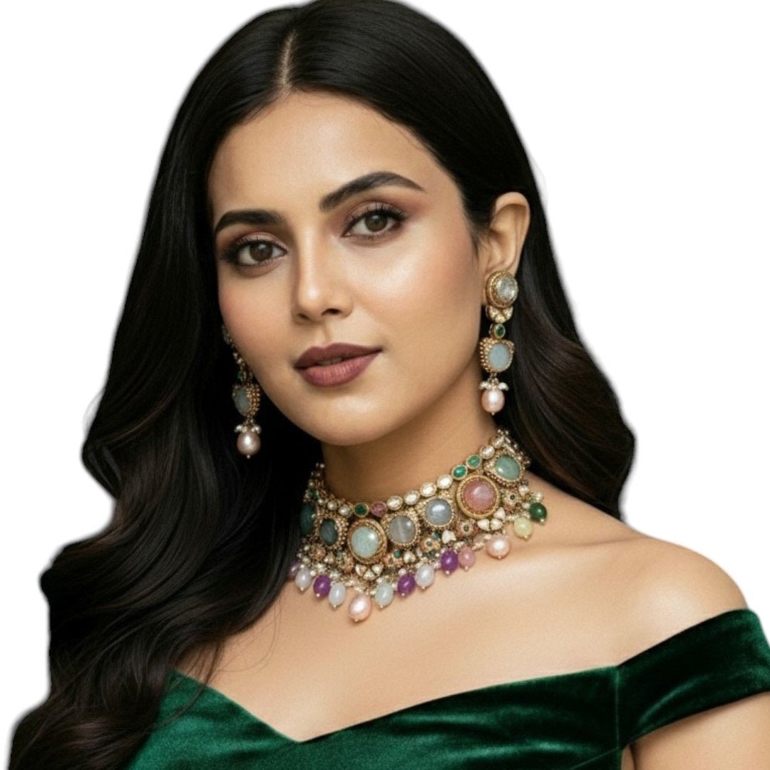 Multicolor Kundan Choker Necklace Set with Earrings - Auraa Trends - Necklace Set - - Auraa Trends - "Traditional multicolor choker necklace set with matching earrings featuring pearl drops, kundan stones, and gemstone cabochons – bridal and festive ethnic jewelry."