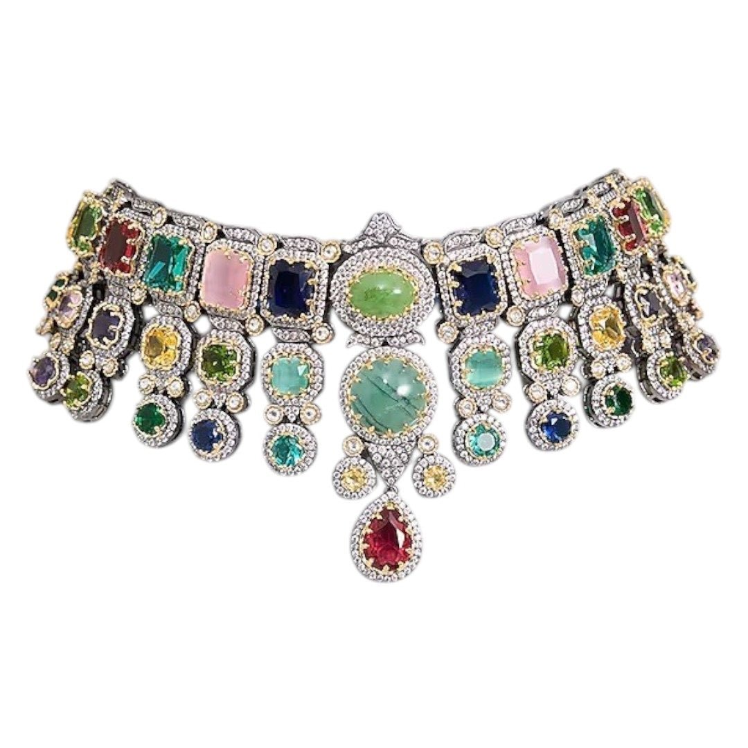 Multicolor Kundan Polki Choker Necklace Set with Matching Earrings for Women - Auraa Trends - Necklace Set - - Auraa Trends - "Model wearing multicolor kundan polki choker necklace set with matching earrings - Traditional Indian bridal jewelry"