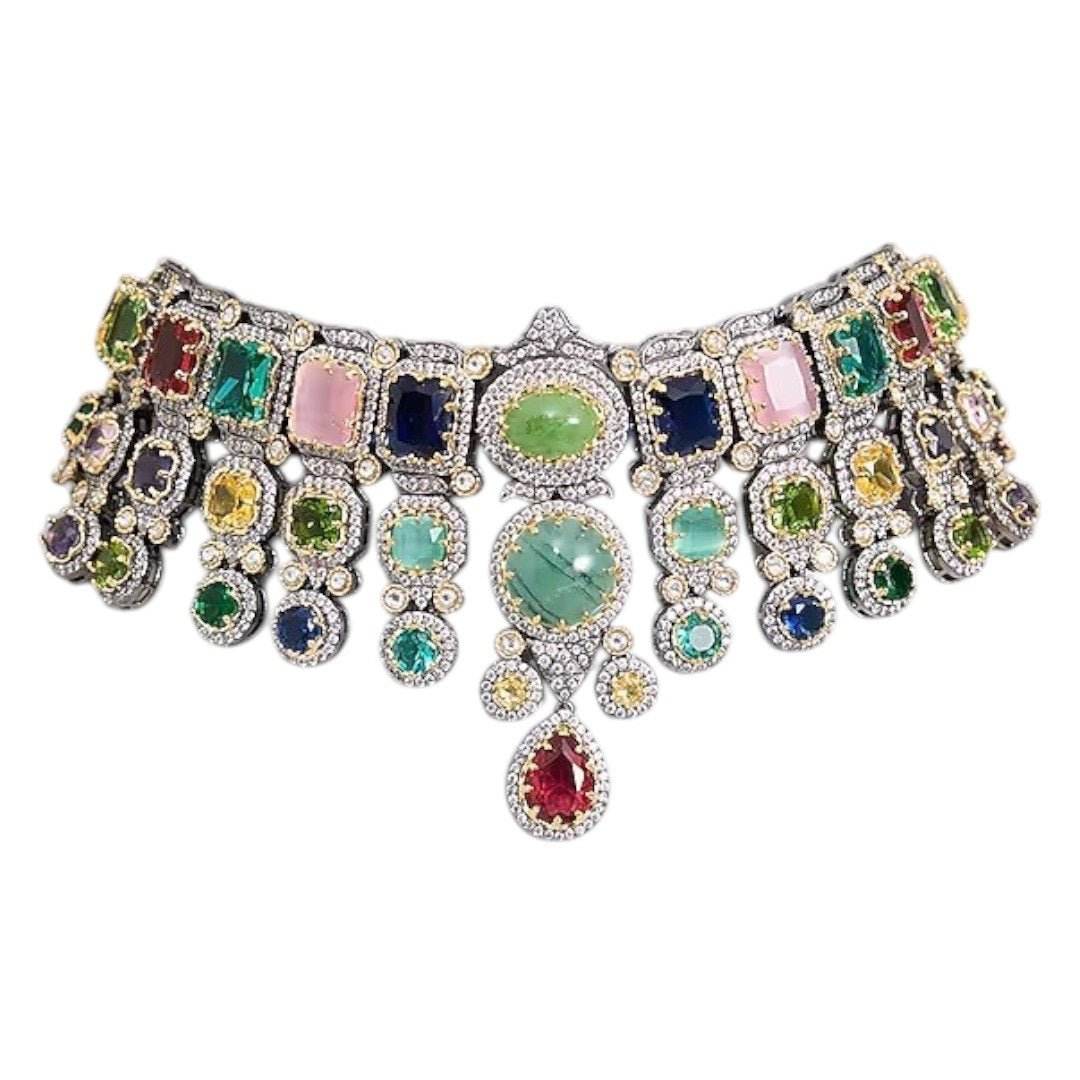 Multicolor Kundan Polki Choker Necklace Set with Matching Earrings for Women - Auraa Trends