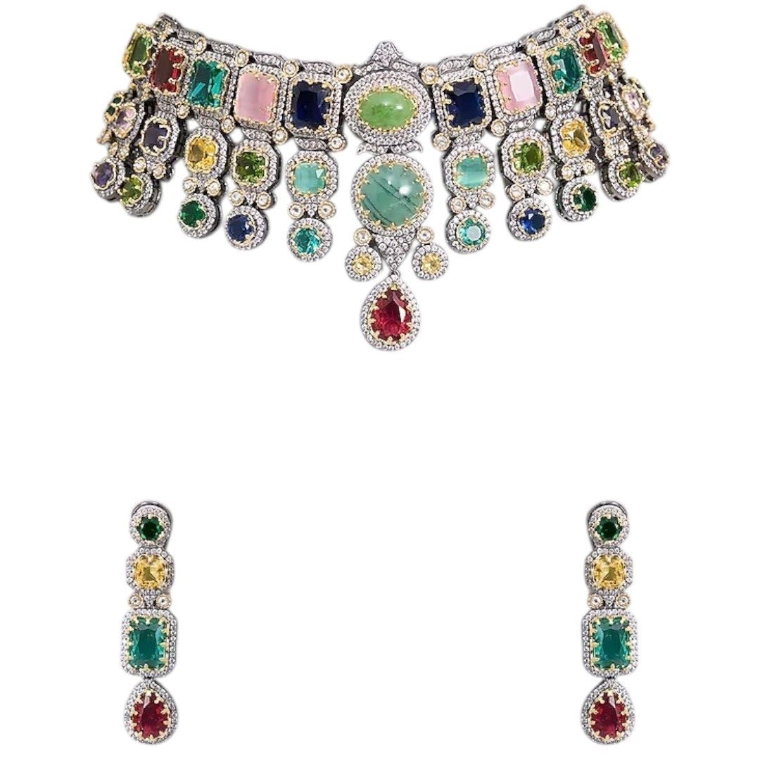 Multicolor Kundan Polki Choker Necklace Set with Matching Earrings for Women - Auraa Trends - Necklace Set - - Auraa Trends - "Model wearing multicolor kundan polki choker necklace set with matching earrings - Traditional Indian bridal jewelry"